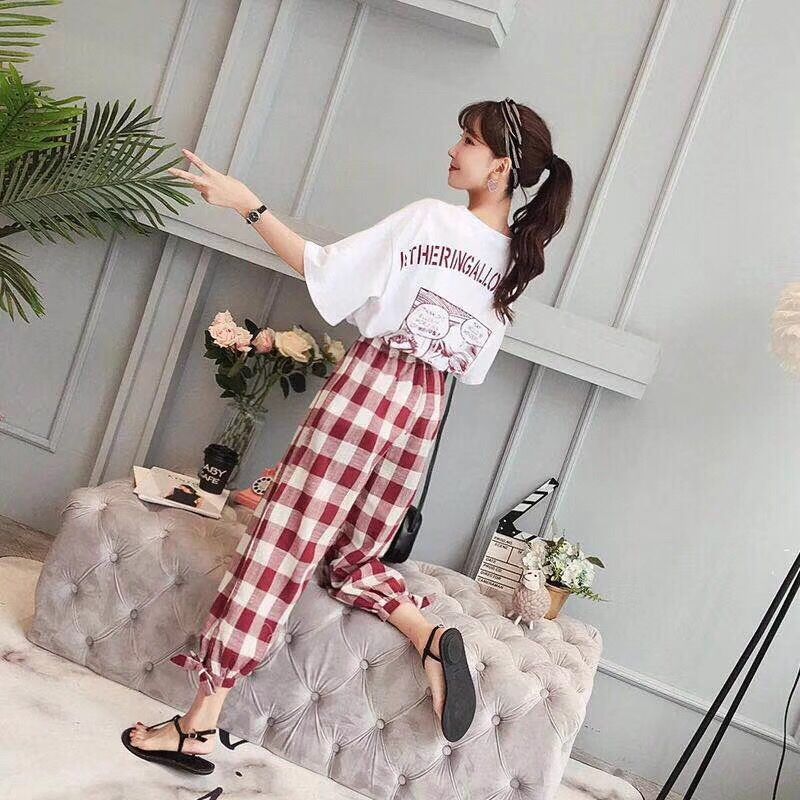 Girls' Korean Style Plaid 2-Piece Capri Set