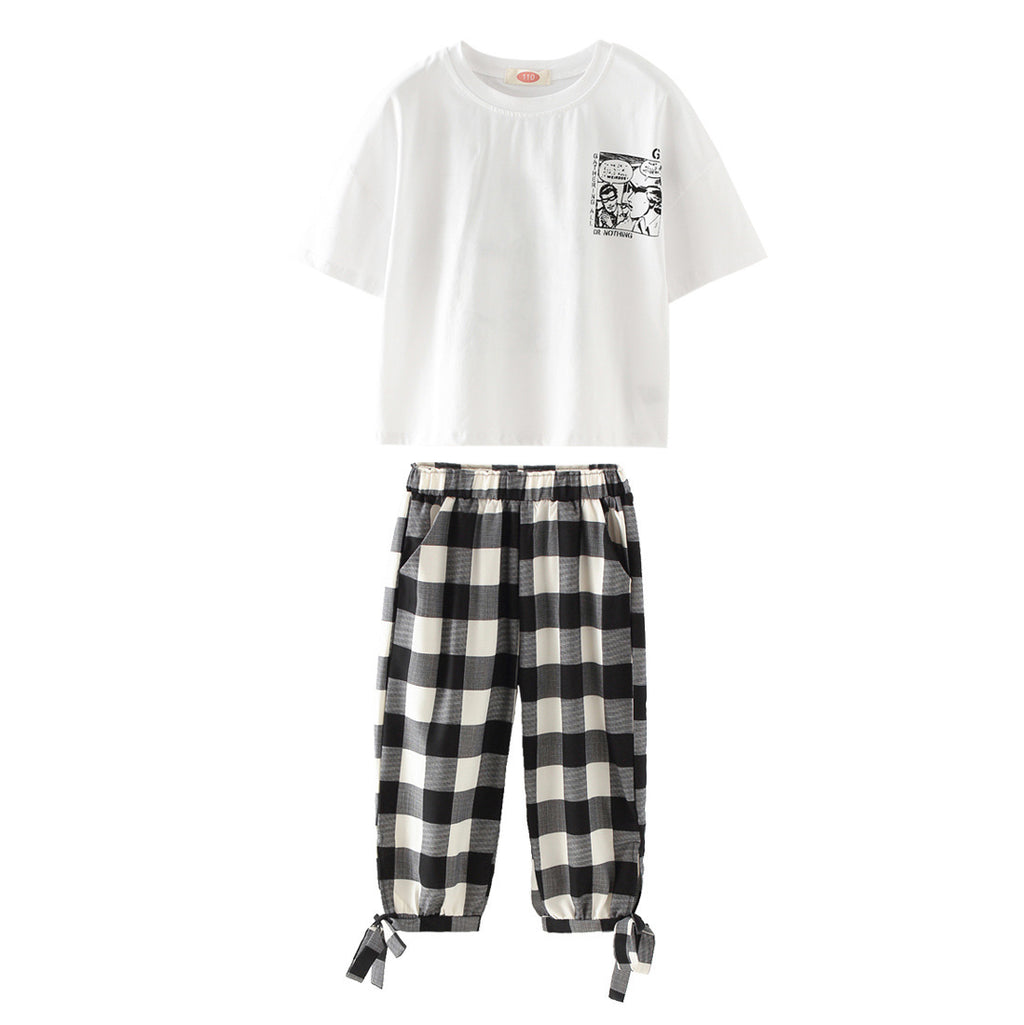Girls' Korean Style Plaid 2-Piece Capri Set